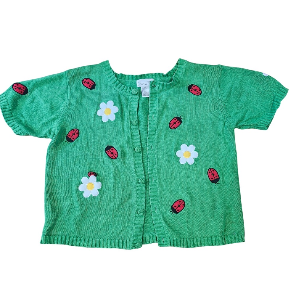 Mandal Bay Cardigan Women XL Green Ladybug Daisy Short Sleeve Ramie Cotton Knit